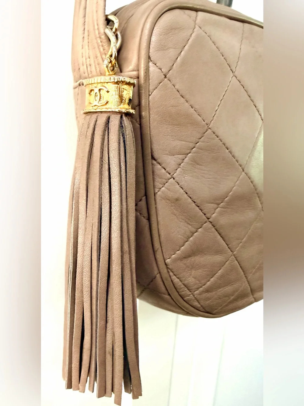 CHANEL Vintage Quilted Lambskin Camera Bag Taupe Tassel COA